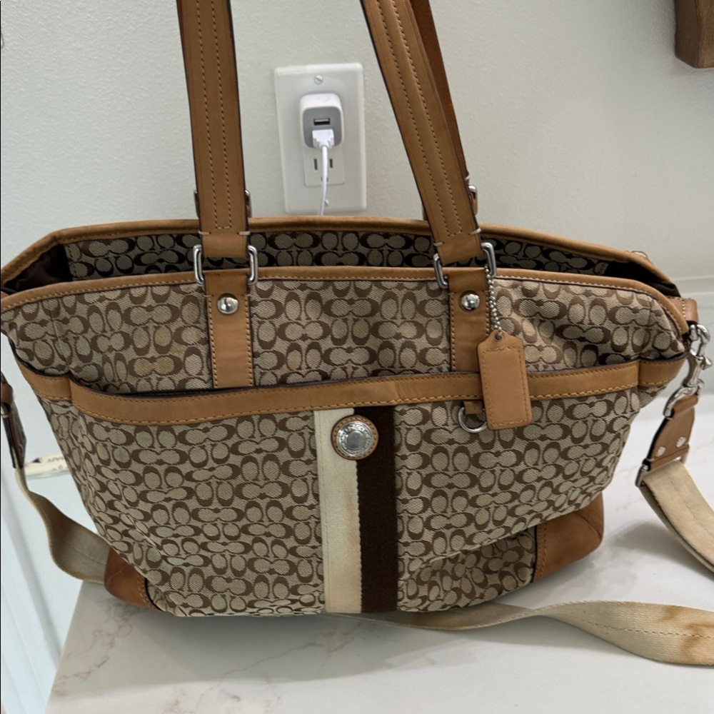 Coach Brown and Tan Signature Shoulder Bag and matching wallet